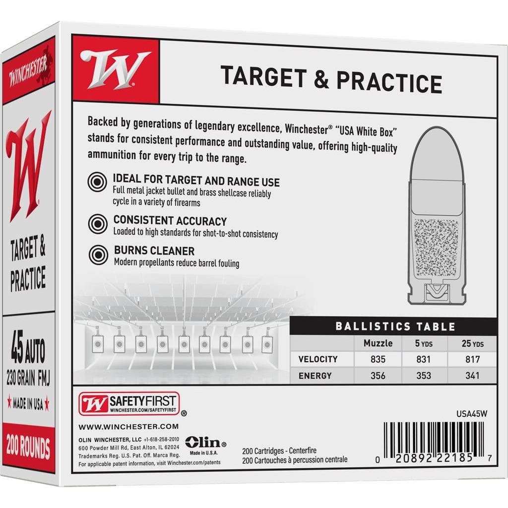 Winchester USA Handgun Ammunition .45 ACP 230 gr. FMJ 835 fps 200/ct