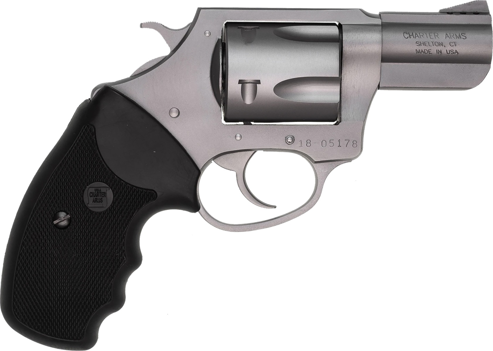 Charter Arms .357 Mag Pug Handgun .357 Mag 5rd Capacity 2.2" Barrel Silver with Full Size Black Grip