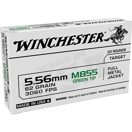 Winchester USA Lake City M855 Green Tip Rifle Ammunition 5.56X45 NATO 62 gr. FMJ 3060 fps 20/ct