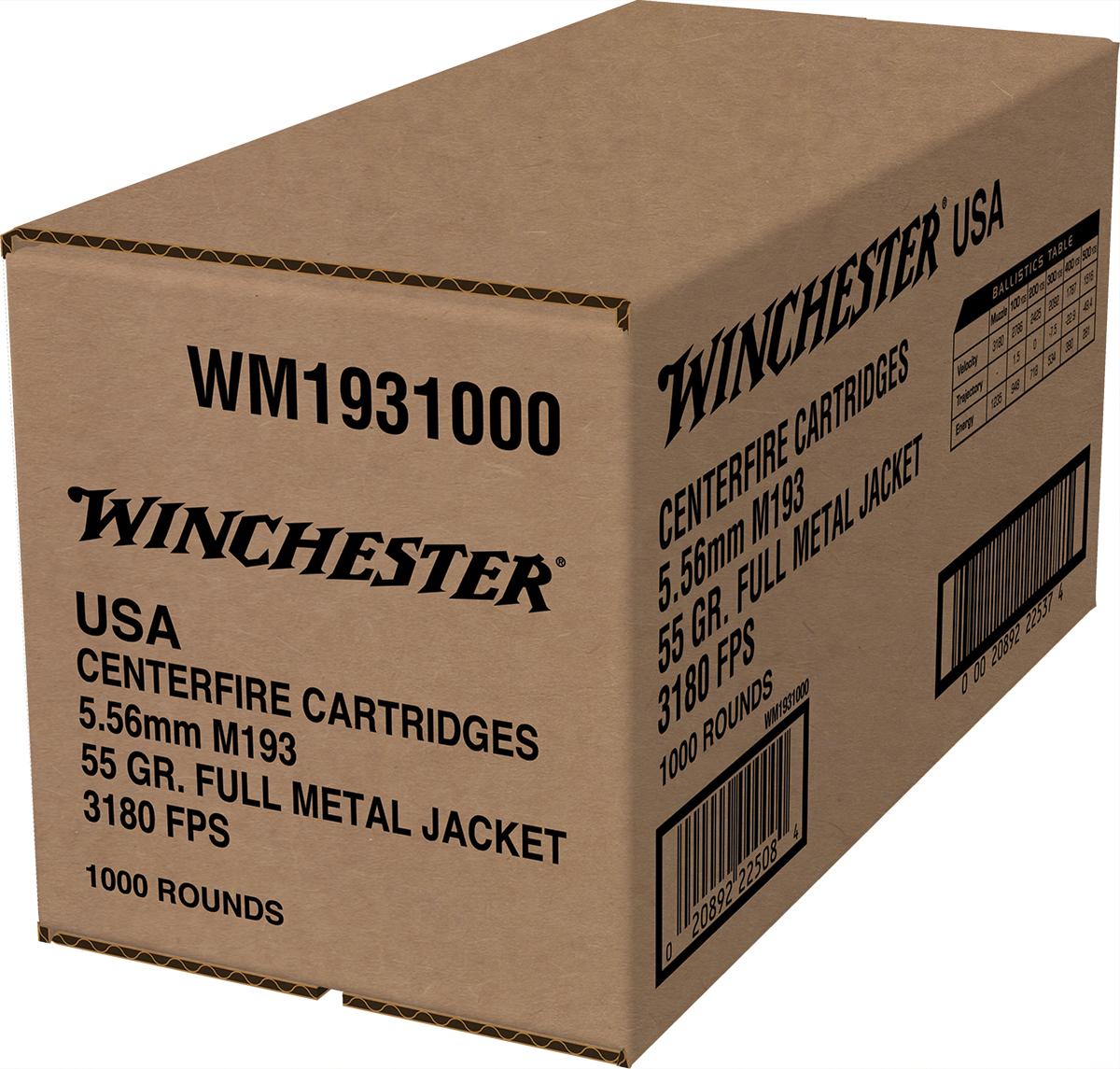 Winchester USA Lake City M193 Rifle Ammunition 5.56X45 NATO 55 gr. FMJ 3180 fps 1000/ct (Bulk)