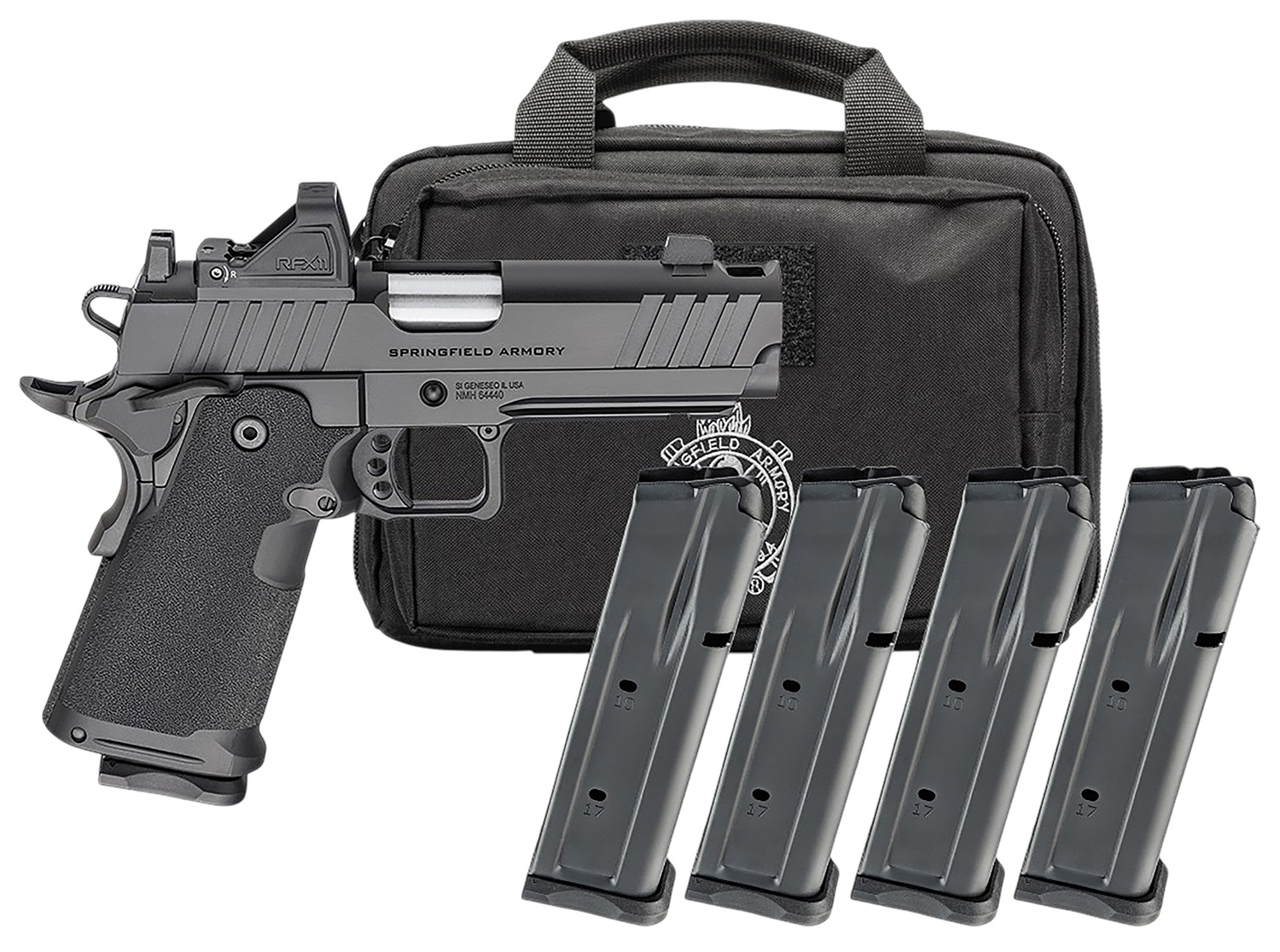 Springfield Armory Gear Pac 1911 DS Prodigy Comp Handgun 9mm Luger 10rd Magazines (4) 4.25" Barrel Black Viridian Green Dot Bag
