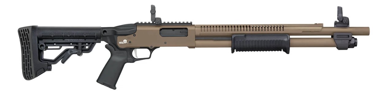 MOSSBERG 590R CERAKOTE 12G 3" SHOTGUN 18.5" W/ H.S., FDE, MOE GRIP/FLIP UP, 5 POSITION STOCK, 6+1